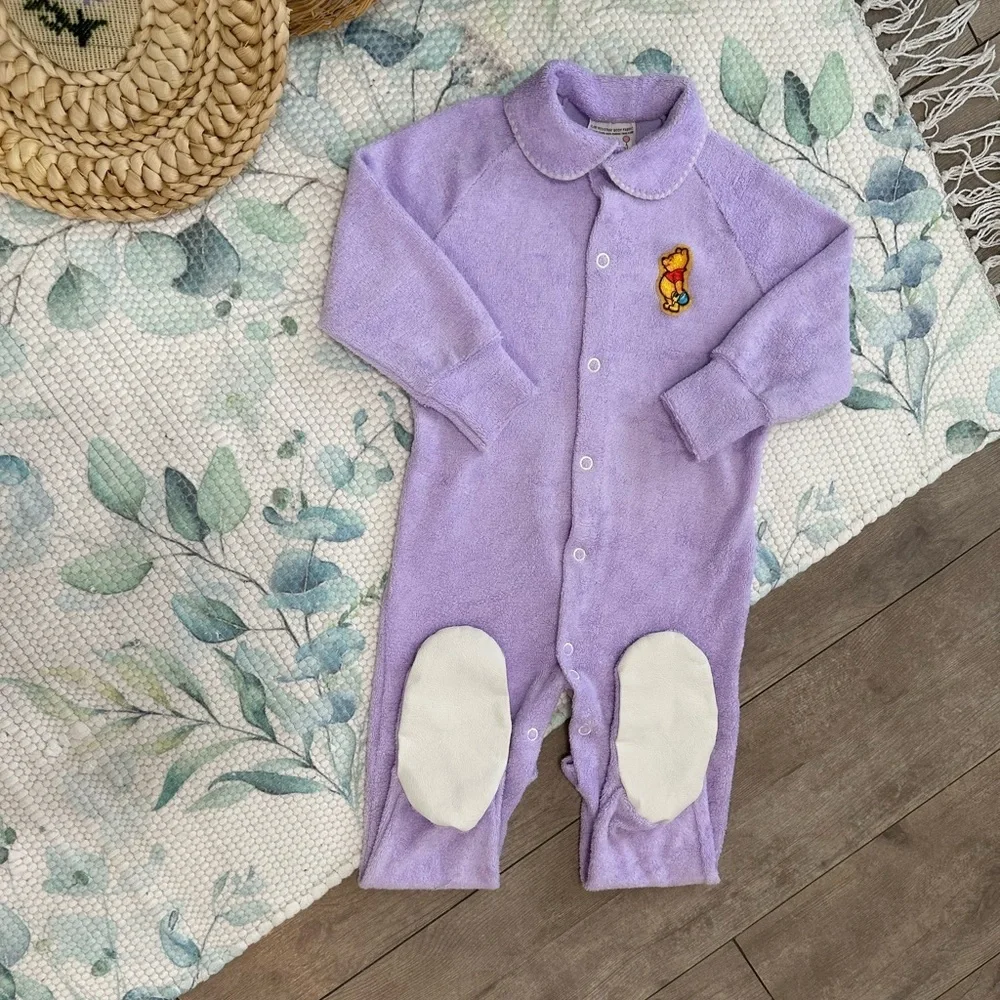 Vintage Disney Winnie Pooh Baby Girl Pajamas Lavender Button Footie Terry Cloth